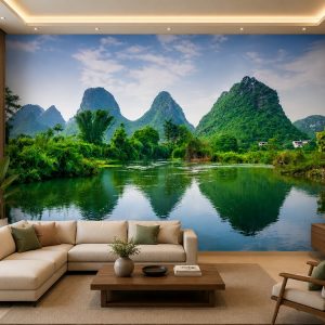 Tranh phong cảnh đồi núi dán tường phòng khách núi đá xanh sông nước phản chiếu 00360