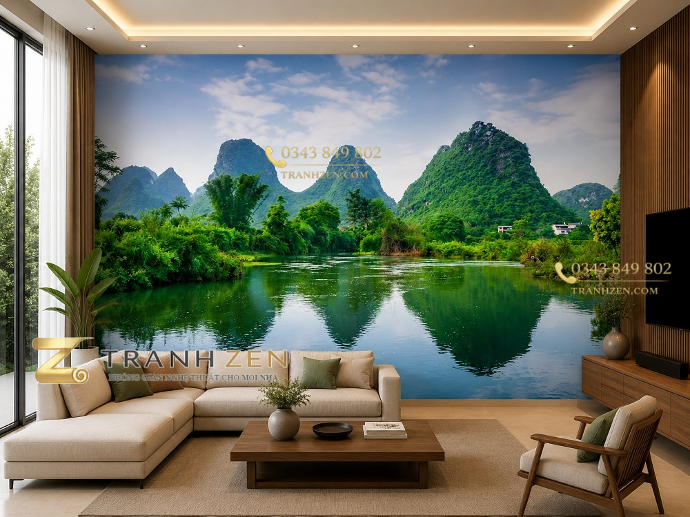 Tranh phong cảnh đồi núi dán tường phòng khách núi đá xanh sông nước phản chiếu 00360