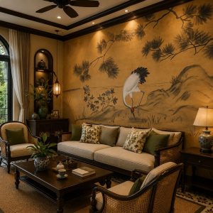 Tranh chim hạc phong cách indochine dán tường phòng khách 35666