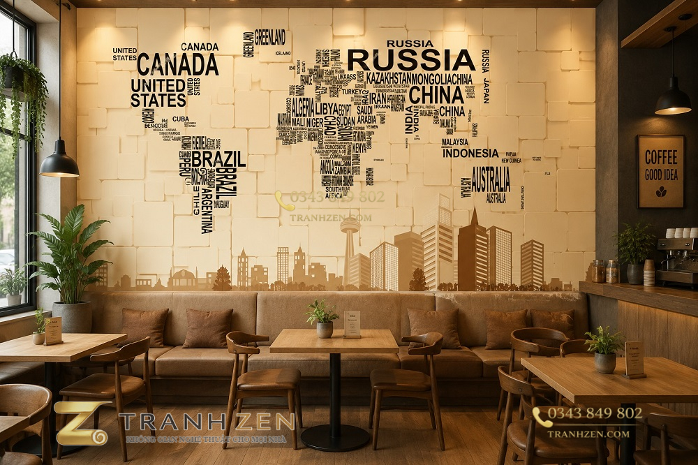 Tranh dán tường bản đồ thế giới 3d cho quán cafe 15820261
