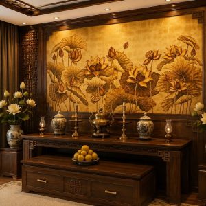 Tranh dán tường hoa sen nền vàng trang trí ban thờ hs4820264