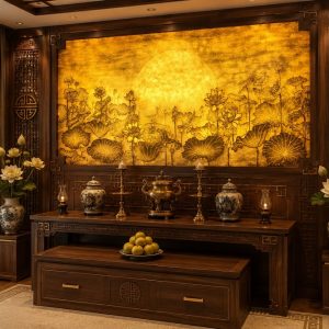 Tranh dán tường hoa sen vàng trang trí sau ban thờ hs4820265