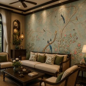 Tranh dán tường hoa và chim phong cách indochine 47781