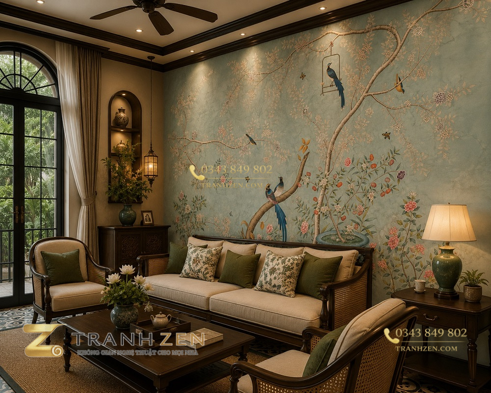 Tranh dán tường hoa và chim phong cách indochine 47781