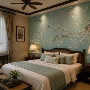 Tranh dán tường indochine hoa nền xanh dương trang trí phòng ngủ 42147