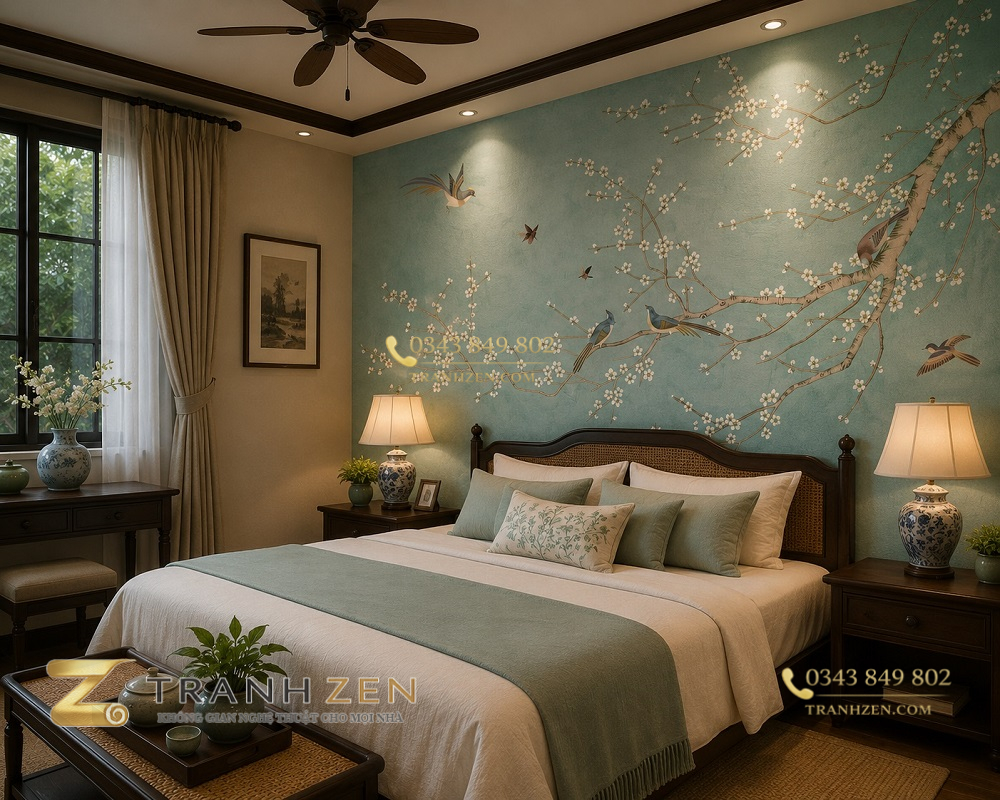 Tranh dán tường indochine hoa nền xanh dương trang trí phòng ngủ 42147