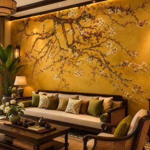 Tranh dán tường indochine nền vàng trang trí sau sofa phòng khách 34761