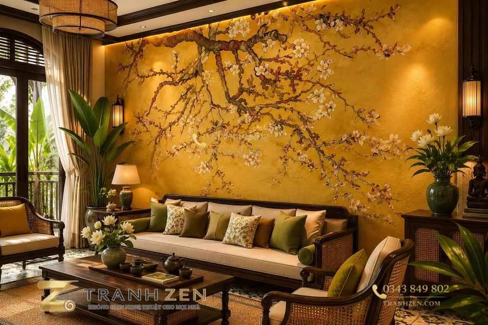 Tranh dán tường indochine nền vàng trang trí sau sofa phòng khách 34761