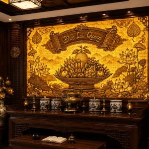 Tranh dán tường mâm ngũ quả và cuốn thư Đức lưu quang nền trúc chỉ nq3820264