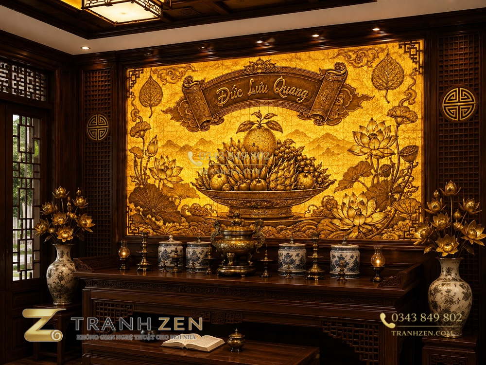 Tranh dán tường mâm ngũ quả và cuốn thư Đức lưu quang nền trúc chỉ nq3820264