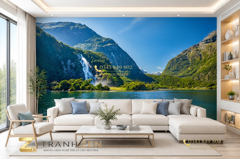 Tranh dán tường phòng khách phong cảnh thác bowen new zealand pc9820262
