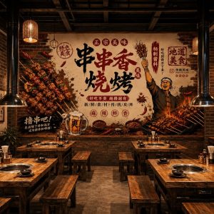Tranh dán tường quán lẩu nướng nền gạch 8820261