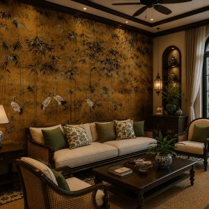 Tranh hạc và tre dán tường phòng khách phong cách indochine dr0603