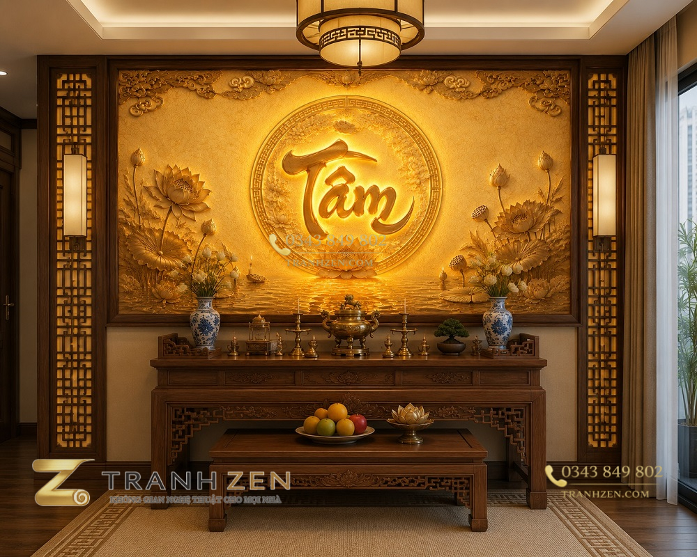 Tranh phong cách trúc chỉ chữ tâm trang trí ban thờ tc3820262