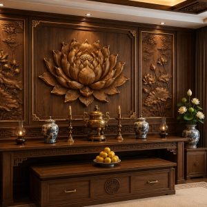 Tranh thờ hoa sen nền gỗ chạm khắc 3d hs4820263