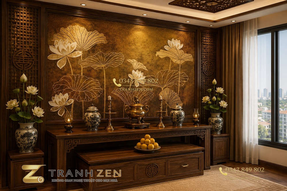 Tranh thờ hoa sen nền vàng 64188