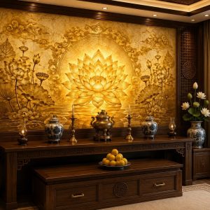 Tranh thờ hoa sen trúc chỉ dán tường ban thờ hs4820262