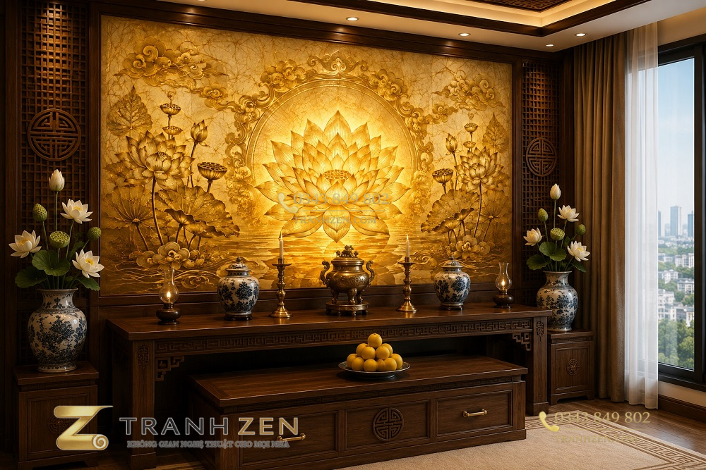 Tranh thờ hoa sen trúc chỉ dán tường ban thờ hs4820262