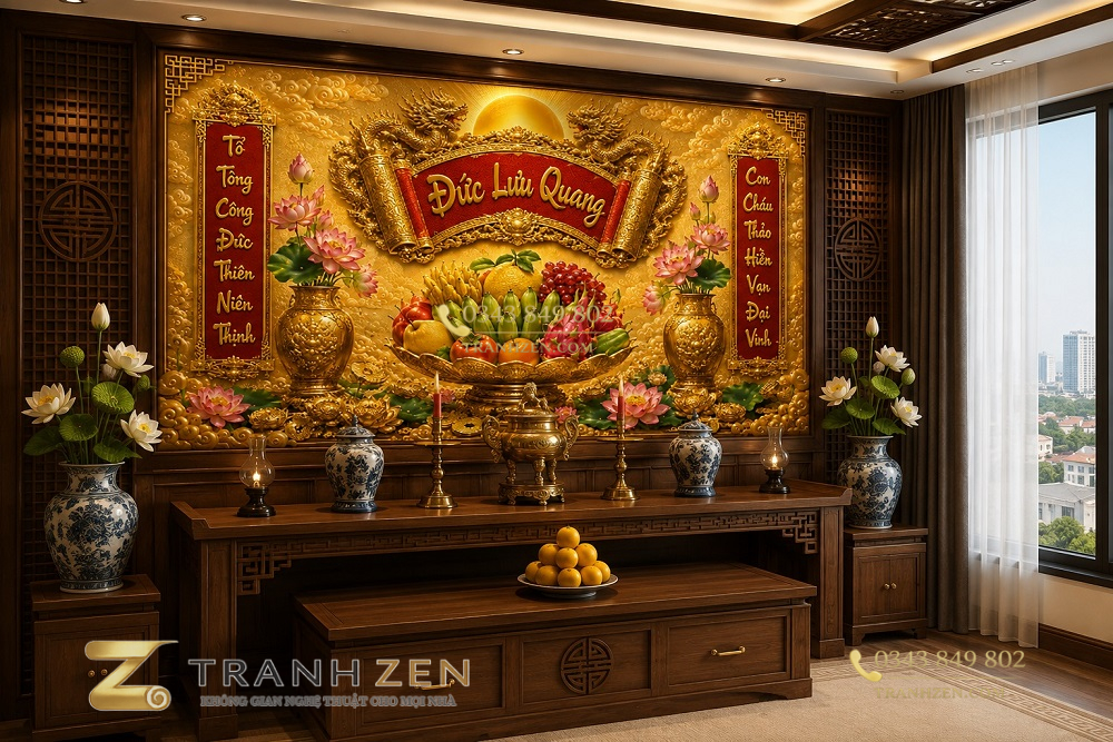 Tranh thờ ngũ quả Đức lưu quang dán tường ban thờ nq3820261