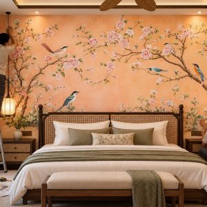 Thi công dán tranh hoa đào chim phong cách indochine phòng ngủ vợ chồng ab1007293592