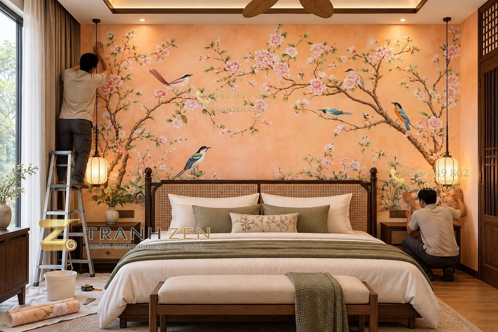 Thi công dán tranh hoa đào chim phong cách indochine phòng ngủ vợ chồng ab1007293592