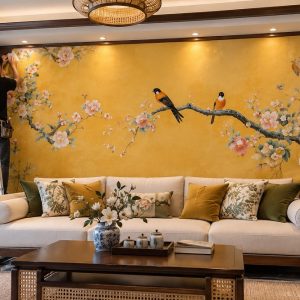 Thi công dán tường tranh hoa mai chim đôi nền vàng phong cách indochine phòng khách ab925170657