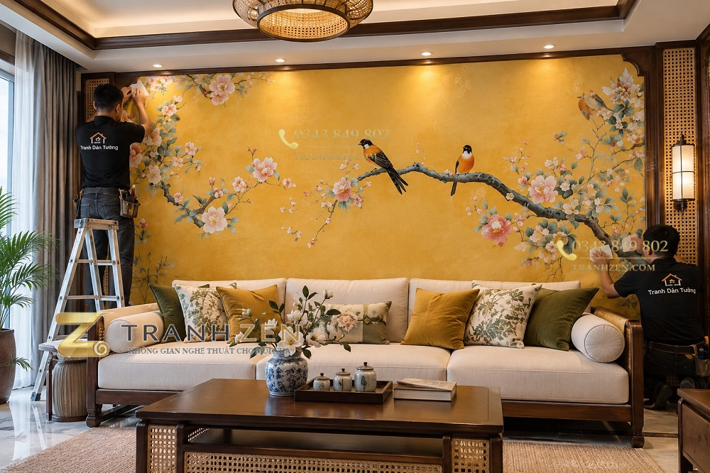 Thi công dán tường tranh hoa mai chim đôi nền vàng phong cách indochine phòng khách ab925170657