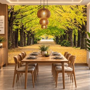 Tranh con đường hàng cây dán tường phòng ăn phong cảnh mùa thu vàng 00192