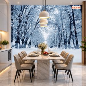 Tranh con đường hàng cây dán tường phòng bếp ăn mùa đông tuyết trắng 00528