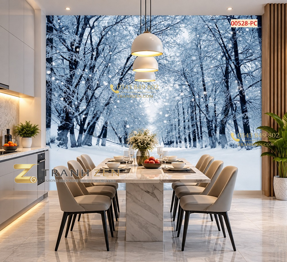 Tranh con đường hàng cây dán tường phòng bếp ăn mùa đông tuyết trắng 00528