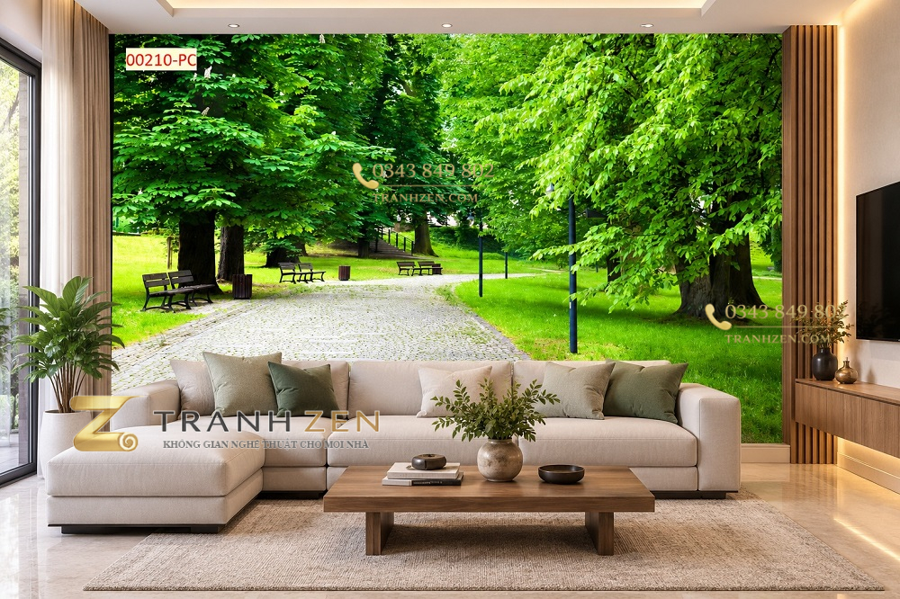 Tranh con đường hàng cây dán tường phòng khách công viên xanh thư giãn 00210
