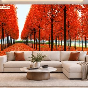 Tranh con đường hàng cây dán tường phòng khách mùa thu lá đỏ rực rỡ 00530