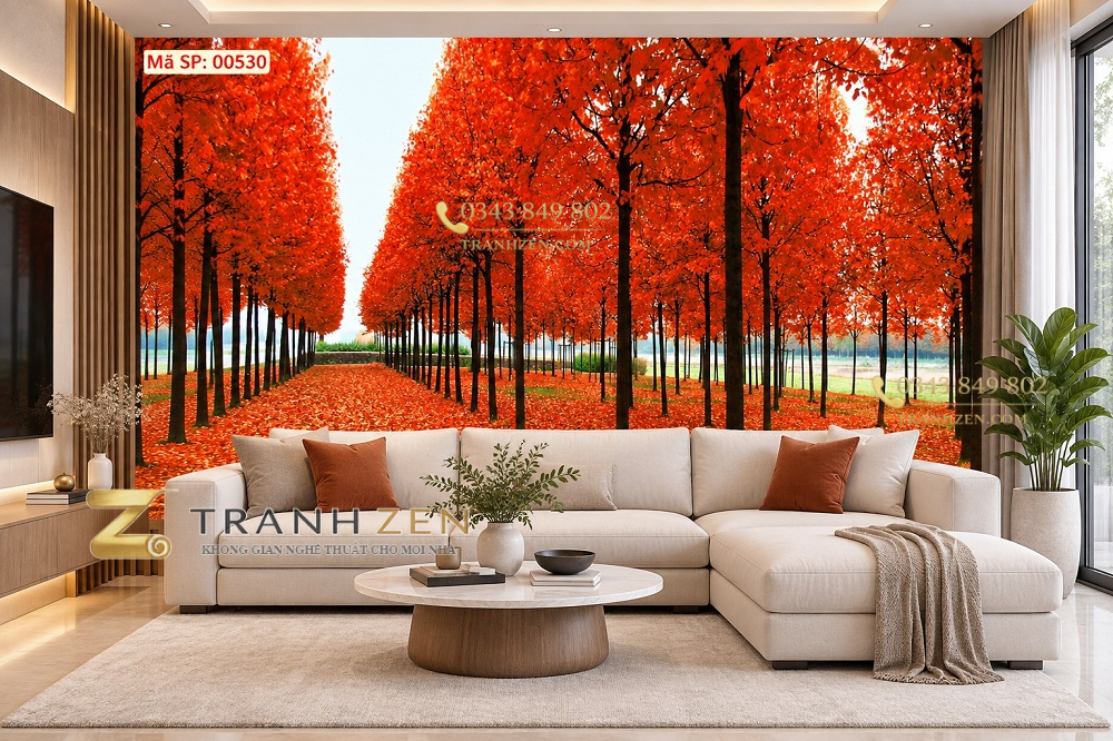 Tranh con đường hàng cây dán tường phòng khách mùa thu lá đỏ rực rỡ 00530