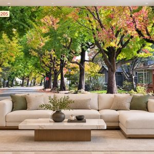 Tranh con đường hàng cây dán tường phòng khách phố cây xanh mùa thu 00205