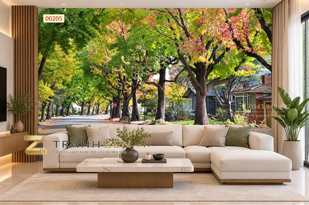 Tranh con đường hàng cây dán tường phòng khách phố cây xanh mùa thu 00205