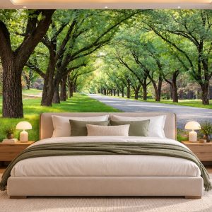 Tranh con đường hàng cây dán tường phòng ngủ không gian công viên xanh mát 00198