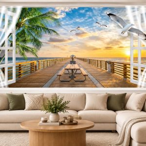 Tranh cửa sổ dán tường cầu gỗ biển hoàng hôn phòng khách 33562