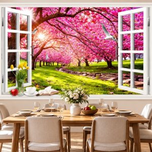 Tranh cửa sổ dán tường phòng ăn hoa anh đào mùa xuân 42488