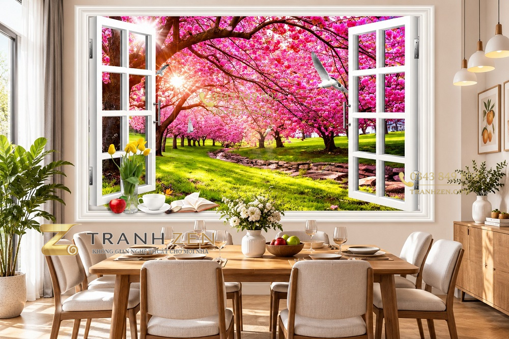 Tranh cửa sổ dán tường phòng ăn hoa anh đào mùa xuân 42488