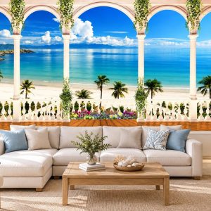 Tranh cửa sổ dán tường phòng khách biển xanh nhiệt đới 41223