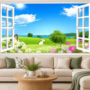 Tranh cửa sổ dán tường phòng khách cánh đồng hoa cúc và lối đi xanh 34847