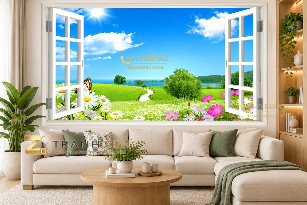 Tranh cửa sổ dán tường phòng khách cánh đồng hoa cúc và lối đi xanh 34847