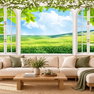 Tranh cửa sổ dán tường phòng khách cánh đồng xanh bình yên 40277