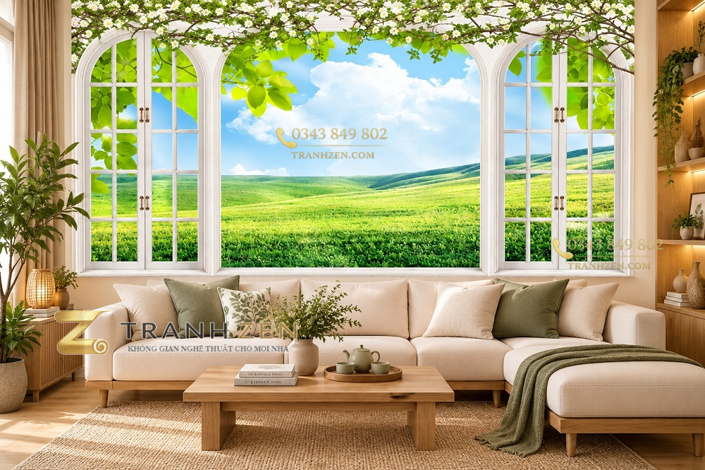 Tranh cửa sổ dán tường phòng khách cánh đồng xanh bình yên 40277