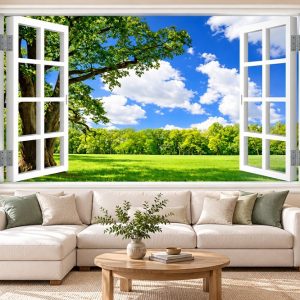 Tranh cửa sổ dán tường phòng khách đồng cỏ xanh thiên nhiên 42365
