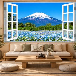 Tranh cửa sổ dán tường phòng khách kiểu nhật núi phú sĩ hoa cỏ 35703