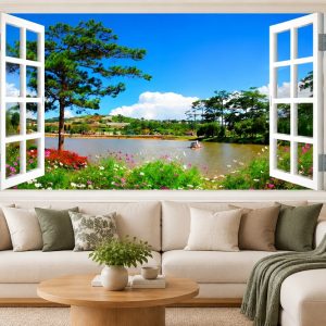 Tranh cửa sổ dán tường phòng khách phong cảnh hồ hoa và hàng thông 33590
