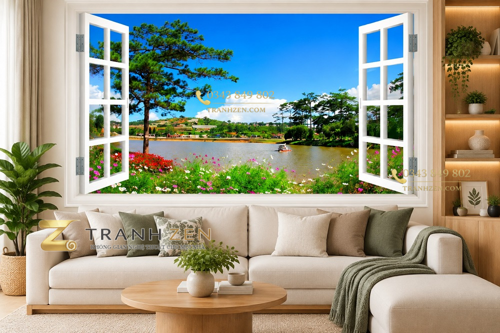 Tranh cửa sổ dán tường phòng khách phong cảnh hồ hoa và hàng thông 33590
