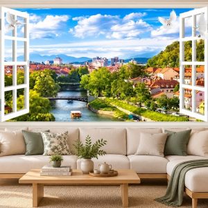 Tranh cửa sổ dán tường phòng khách phong cảnh thành phố ven sông 35706