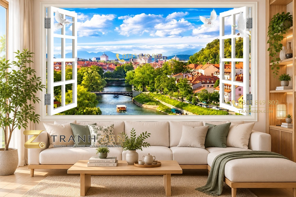 Tranh cửa sổ dán tường phòng khách phong cảnh thành phố ven sông 35706